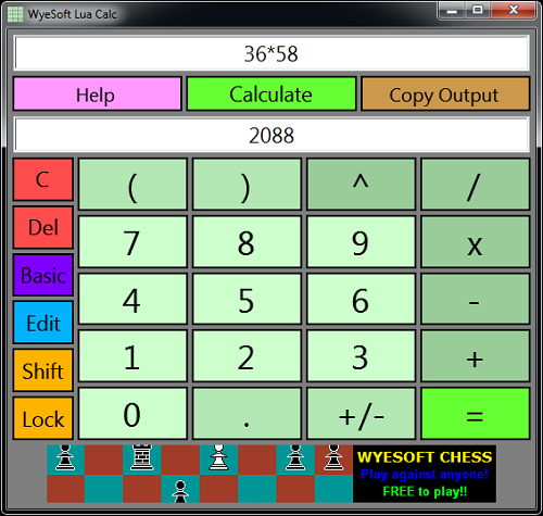 Screenshot of WyeSoft Lua Calc v1.0.1's basic keypad